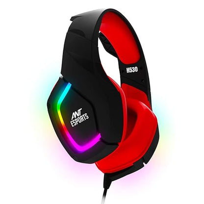 Ant Esports H530سماعة ألعاب سلكية متعددة المنصات بحجم برو مع إضاءة RGB للأجهزة الكمبيوتر / بلاي ستيشن 4 / إكس بوكس وان / نينتندو سويتش / أندرويد / آي أو إس – أسود - أحمر