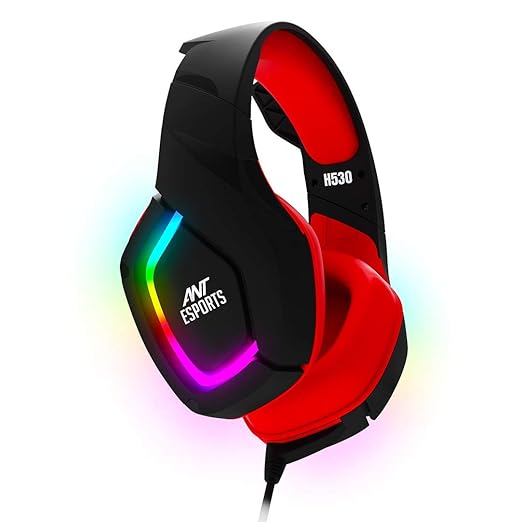 Ant Esports H530سماعة ألعاب سلكية متعددة المنصات بحجم برو مع إضاءة RGB للأجهزة الكمبيوتر / بلاي ستيشن 4 / إكس بوكس وان / نينتندو سويتش / أندرويد / آي أو إس – أسود - أحمر