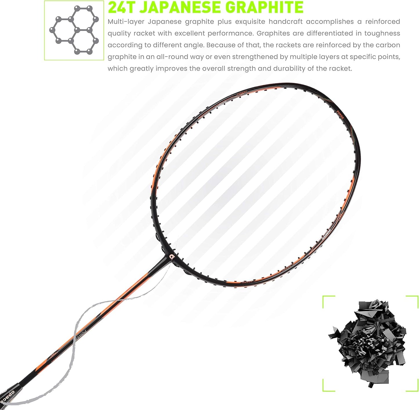 مضرب تنس الريشة APACS مزدوج القوة والسرعة بدون أوتار مع غطاء كامل (أسود برتقالي)