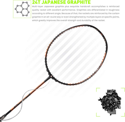 مضرب تنس الريشة APACS مزدوج القوة والسرعة بدون أوتار مع غطاء كامل (أسود برتقالي)