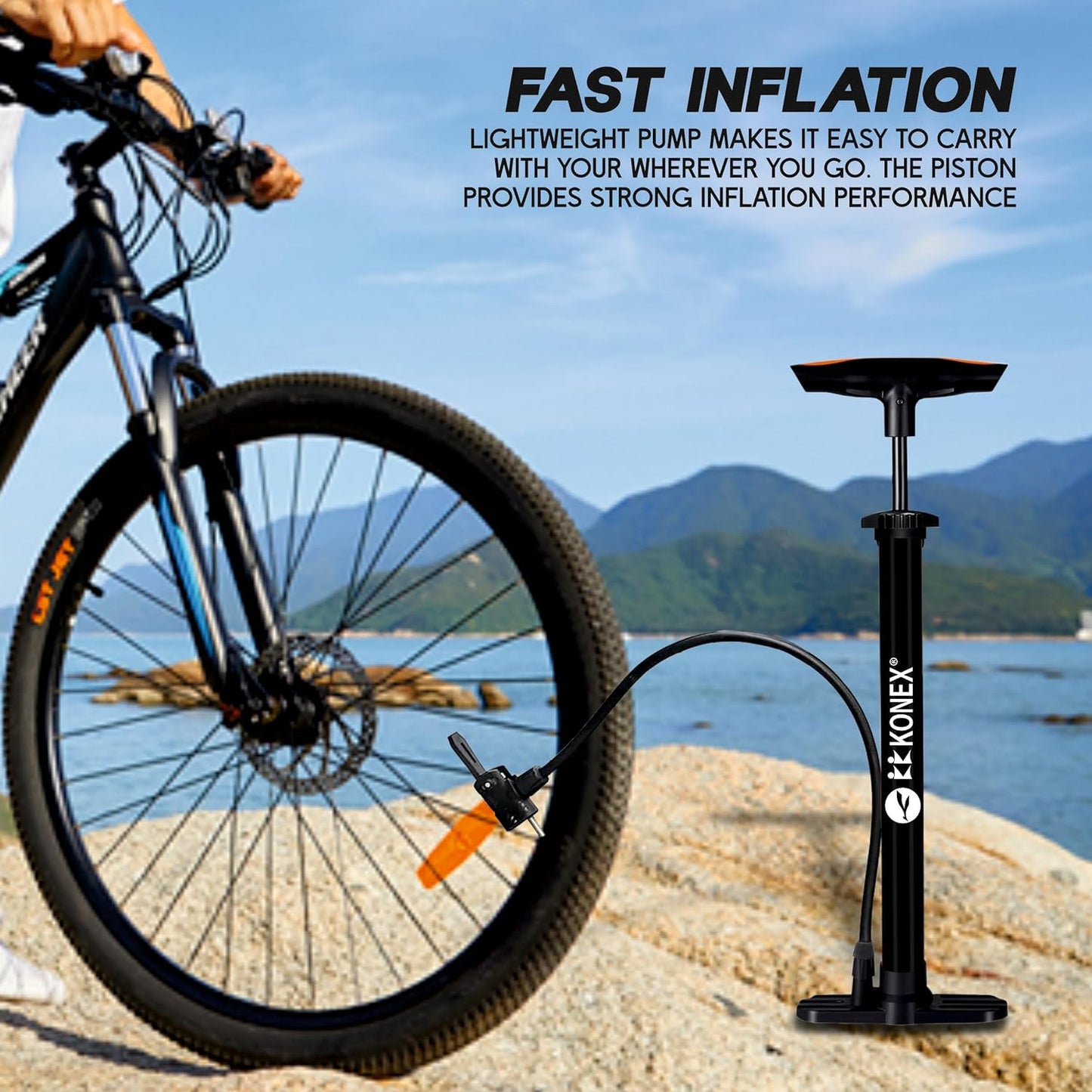 مضخة هواء محمولة من Konex مزودة بإبرة وصمام مزدوج | مقبض مريح مع قاعدة متينة | مثالية لنفخ إطارات الدراجات والكرات الرياضية وأطواق السباحة والبالونات
