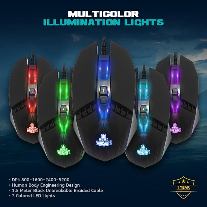 Ant Esports KM500W مجموعة لوحة مفاتيح وماوس ألعاب سلكية بإضاءة خلفية LED مع مسند معصم قابل للبرمجة مريح لأجهزة الكمبيوتر المحمولة وأجهزة Mac إصدار World of Warships باللون الأسود