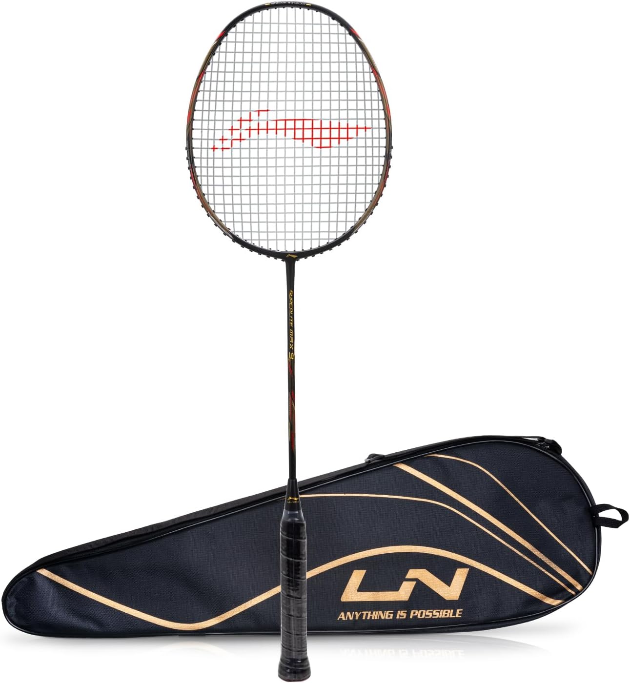 Li-Ning G-Force Superlight Max 9 مضرب تنس الريشة | اللون: أسود/أحمر | المقاس: S1 | المادة: ألياف الكربون | عمود مرن للغاية | توازن ثقيل هجومي