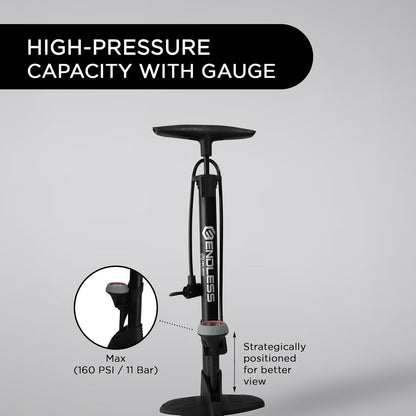 Endless EL1052 160 PSI Portable Hand Air Pump for Bicycles, Portable Floor Air Pump for Bikes | Black | Material: Steel Alloy | Tire Inflator with Gauge and Rotating Tube Handle for Comfort | For All Inflation Purposes