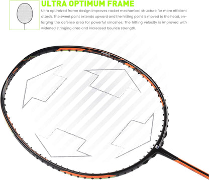 مضرب تنس الريشة APACS مزدوج القوة والسرعة بدون أوتار مع غطاء كامل (أسود برتقالي)
