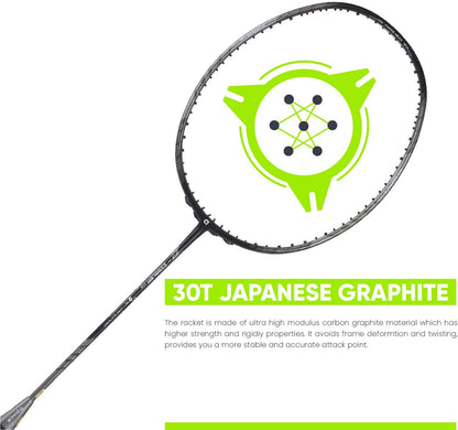 مضرب تنس الريشة APACS Z-Ziggler Lite (33 رطلاً، 76 جرامًا وعمود رفيع 6.2 ملم) غير مشدود (أسود/رمادي فاتح غير لامع)