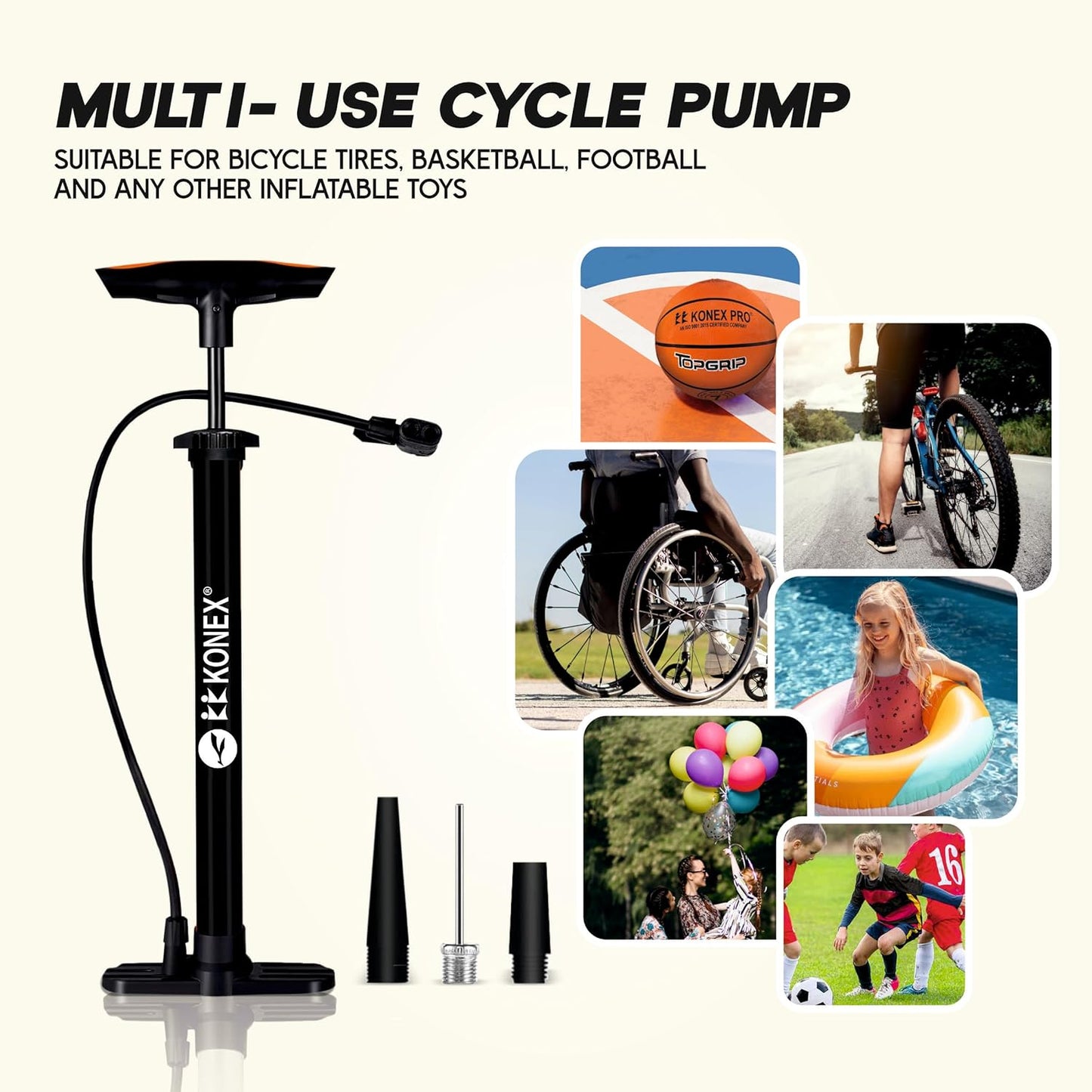 مضخة هواء محمولة من Konex مزودة بإبرة وصمام مزدوج | مقبض مريح مع قاعدة متينة | مثالية لنفخ إطارات الدراجات والكرات الرياضية وأطواق السباحة والبالونات