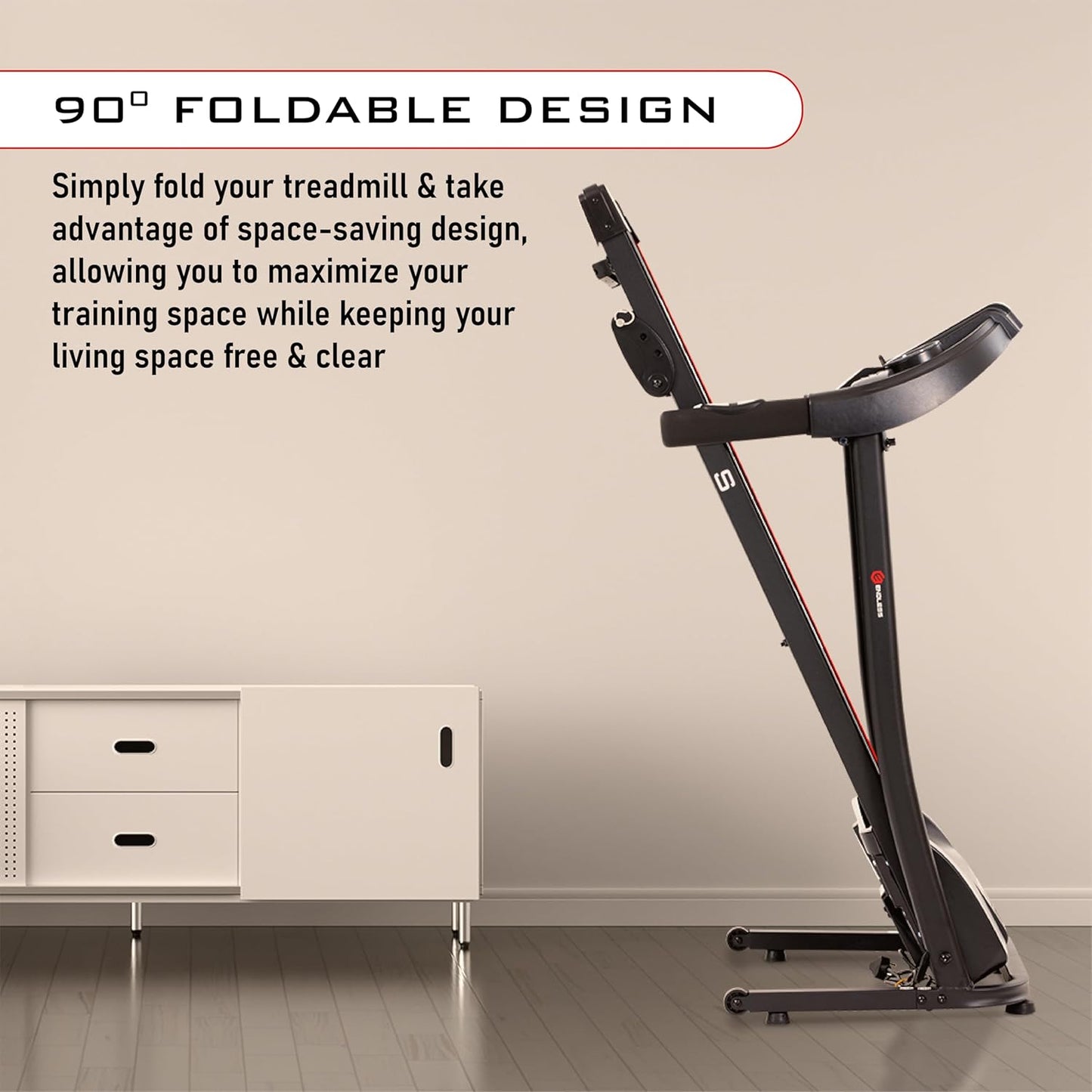 Endless S جهاز جري للاستخدام المنزلي مع جهاز تدليك بمحرك تيار مستمر بقوة 2 حصان | أقصى قوة | أقصى وزن 90 كجم وأقصى سرعة 10 كم/ساعة | مساحة جري 410 مم | مع مكبرات صوت | قابل للطي مع ميل يدوي