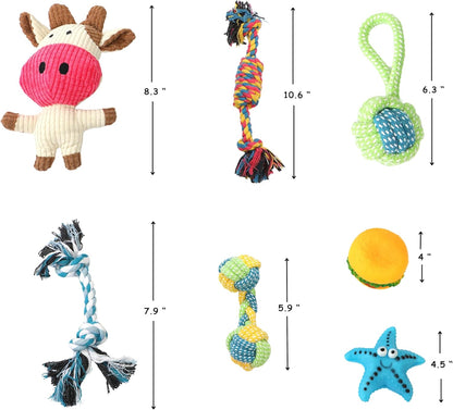 Funfy مجموعة من 7 ألعاب مضغ للجراء للكلاب التي تمر بمرحلة التسنين | ألعاب مضغ للكلاب مع ألعاب حبلية، وحبال كروية متعددة، ولعبة على شكل نجمة، ولعبة برجر، وألعاب صرير للكلاب الصغيرة والمتوسطة