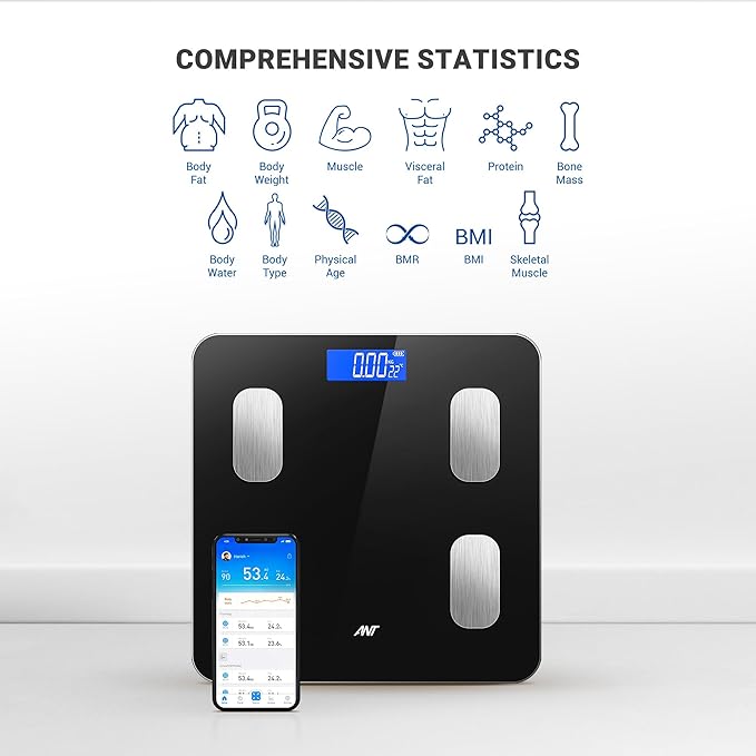 ANT flora smart ميزان وزن الجسم والدهون، ميزان حمام رقمي دقيق يصل إلى 0.1 كجم، ميزان وزن الجسم ومؤشر كتلة الجسم العضلي، مراقب تكوين الجسم الإلكتروني بتقنية البلوتوث، 180 كجم - أسود