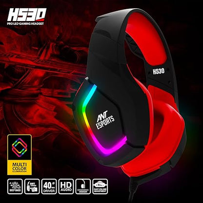 Ant Esports H530سماعة ألعاب سلكية متعددة المنصات بحجم برو مع إضاءة RGB للأجهزة الكمبيوتر / بلاي ستيشن 4 / إكس بوكس وان / نينتندو سويتش / أندرويد / آي أو إس – أسود - أحمر