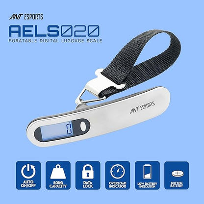 ميزان الأمتعة الرقمي المحمول للأمتعة AELS020 من آنت إسبورتس AELS020، ميزان أمتعة رقمي محمول معلق بوزن 50 كجم مع شاشة LCD بإضاءة خلفية، ميزان وزن حقيبة محمول، ميزان وزن أمتعة السفر مع أحزمة قوية للمسافرين