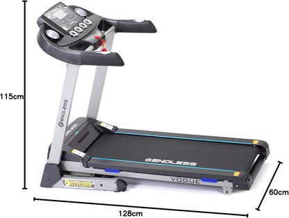 Endless Vogue جهاز جري للاستخدام المنزلي بمحرك تيار مستمر بقوة 4 حصان، أقصى قوة 4 حصان | أسود | أقصى وزن 120 كجم وأقصى سرعة 14 كم/ساعة | مساحة جري 420 مم | مع مكبرات صوت | قابل للطي تلقائيًا مع ميل تلقائي