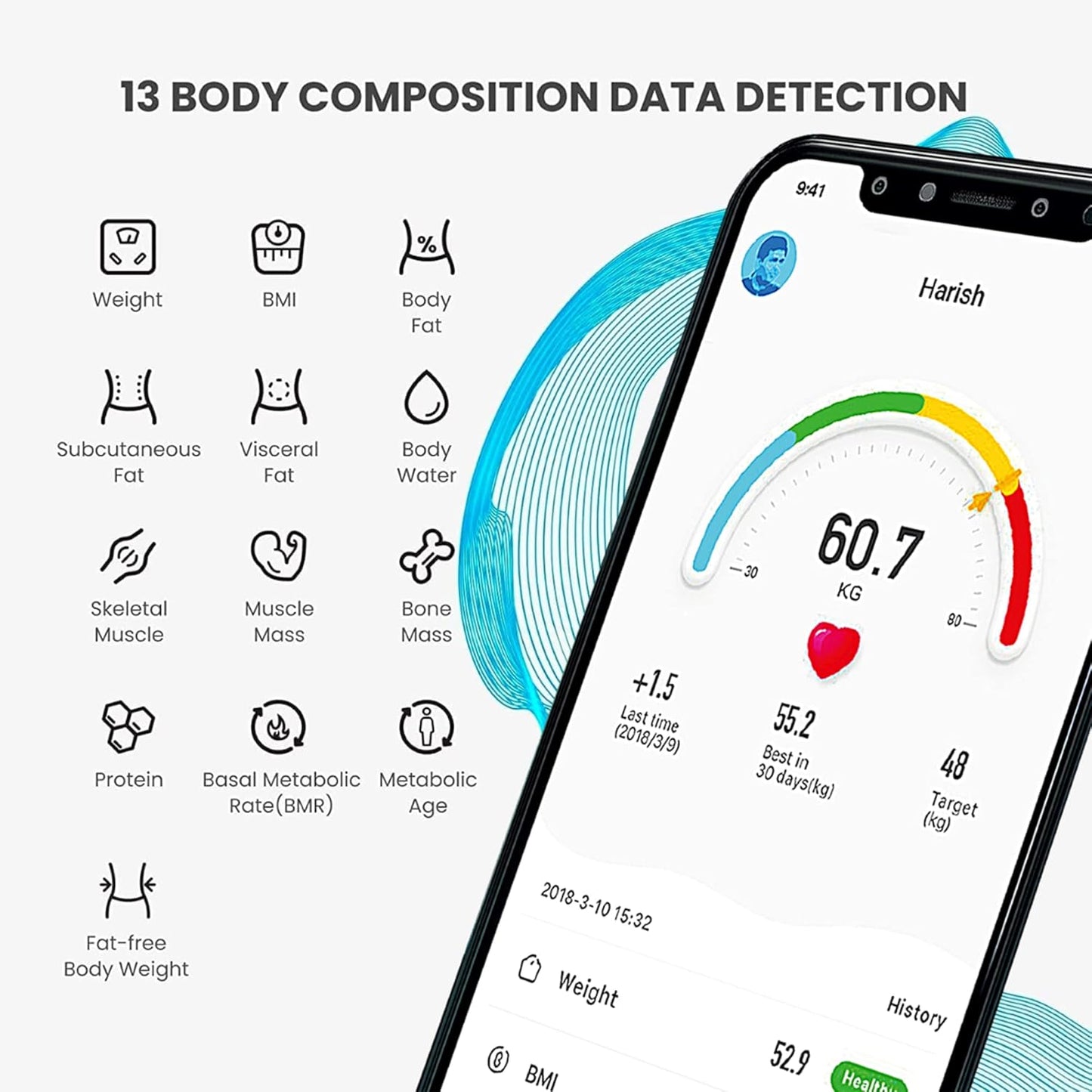 ANT flora smart ميزان وزن الجسم والدهون، ميزان حمام رقمي دقيق يصل إلى 0.1 كجم، ميزان وزن الجسم ومؤشر كتلة الجسم العضلي، مراقب تكوين الجسم الإلكتروني بتقنية البلوتوث، 180 كجم - أسود