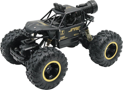 FUNFY 1:16 Rock Explorer RC Toy Car With 4WD | Black | With 4 Soft Suspensions, Dual Motor, Lightning Mist Spray, Better gripping Tyres, Rugged Body and Rechargeable Battery for Kids Gift