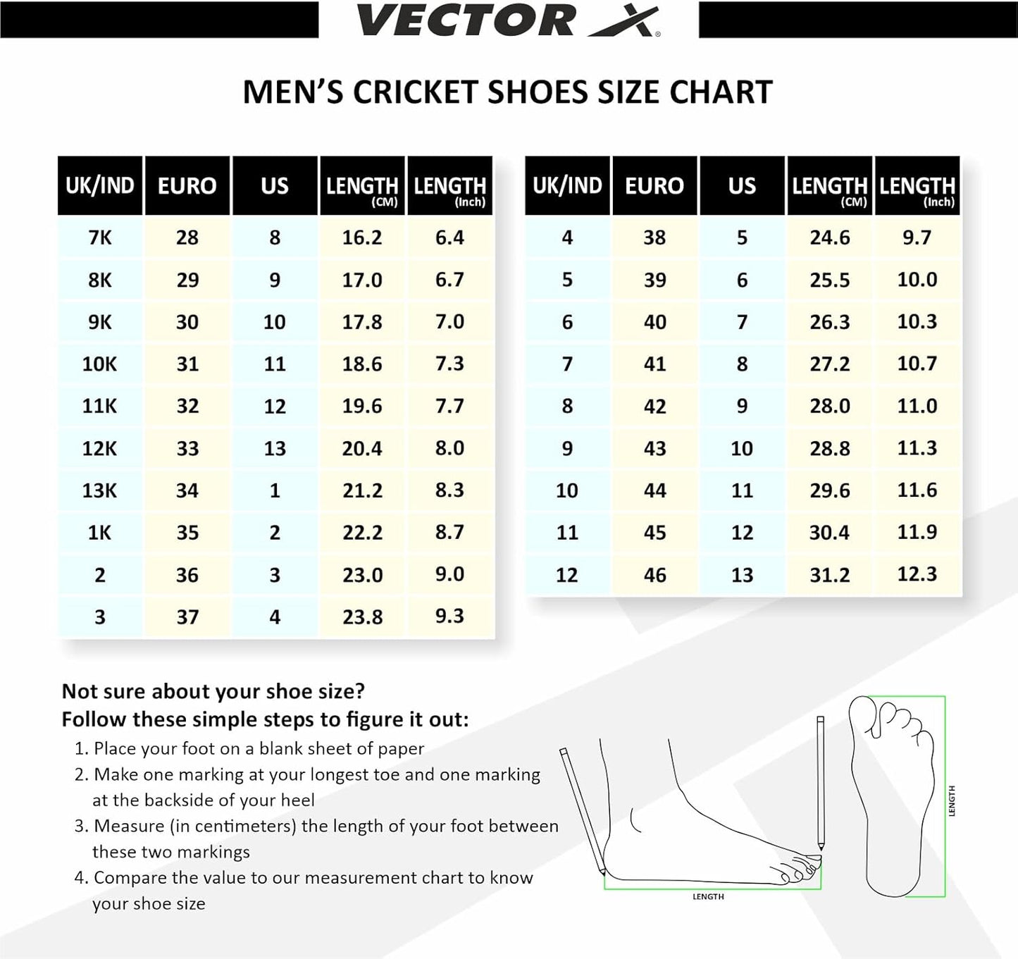 Vector X Blast أحذية الكريكيت | أسود/أبيض | أولاد ورجال | بلاستيك PVC