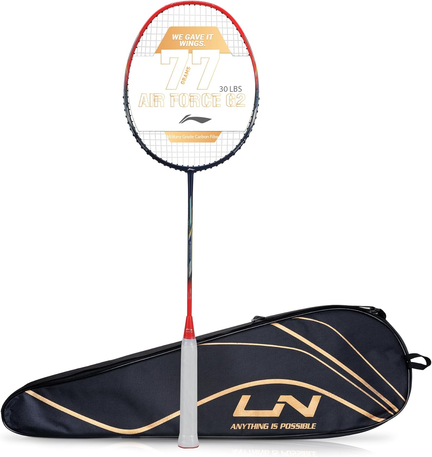 Li-Ning Air Force G2 مضرب تنس الريشة - مضرب تنس الريشة 77 من ألياف الكربون مع غطاء مضرب كامل | للاعبين المتوسطين | 77 جرام | أقصى شد للوتر - 30 رطلاً