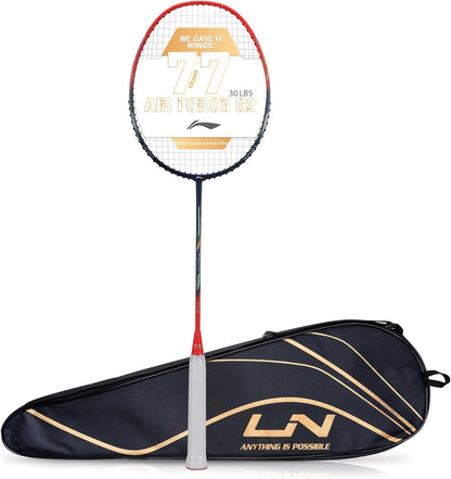 Li-Ning Air Force G2 مضرب تنس الريشة - مضرب تنس الريشة 77 من ألياف الكربون مع غطاء مضرب كامل | للاعبين المتوسطين | 77 جرام | أقصى شد للوتر - 30 رطلاً