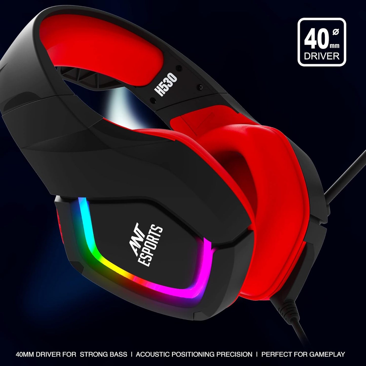 Ant Esports H530سماعة ألعاب سلكية متعددة المنصات بحجم برو مع إضاءة RGB للأجهزة الكمبيوتر / بلاي ستيشن 4 / إكس بوكس وان / نينتندو سويتش / أندرويد / آي أو إس – أسود - أحمر