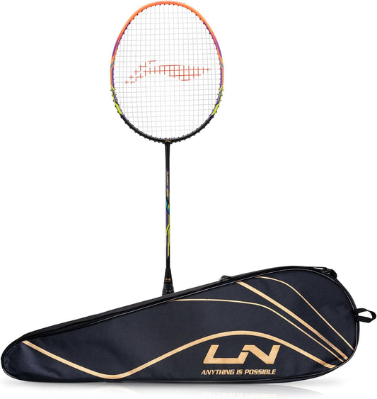 Li-Ning Turbo 99 Carbon Fiber Badminton Racket with Full Racket Cover (Black/Lime/Orange) | Intermediate Players | 84g | Max String Tension - 30lbs