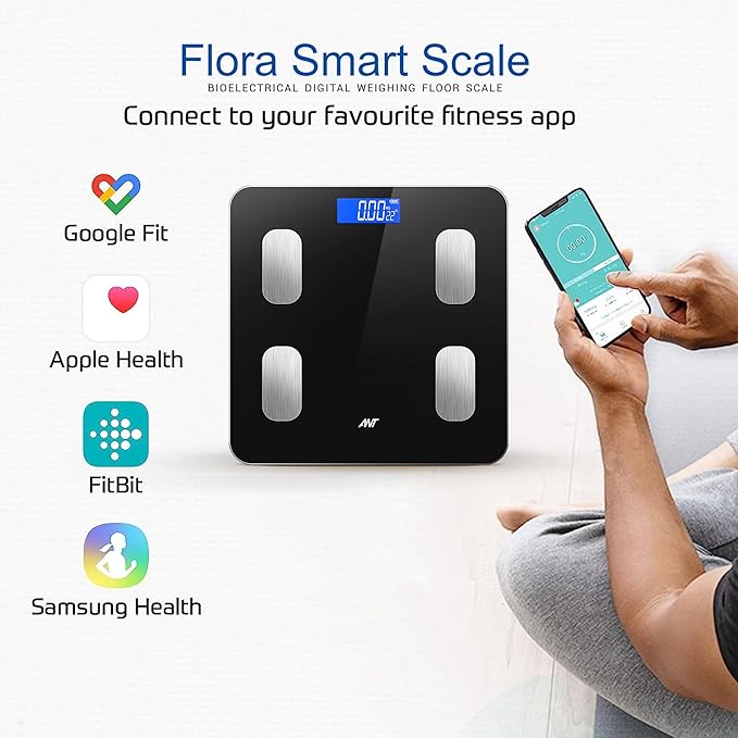 ANT flora smart ميزان وزن الجسم والدهون، ميزان حمام رقمي دقيق يصل إلى 0.1 كجم، ميزان وزن الجسم ومؤشر كتلة الجسم العضلي، مراقب تكوين الجسم الإلكتروني بتقنية البلوتوث، 180 كجم - أسود