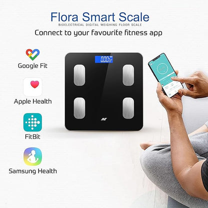 ANT flora smart ميزان وزن الجسم والدهون، ميزان حمام رقمي دقيق يصل إلى 0.1 كجم، ميزان وزن الجسم ومؤشر كتلة الجسم العضلي، مراقب تكوين الجسم الإلكتروني بتقنية البلوتوث، 180 كجم - أسود