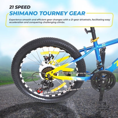 Endless 20 Inch Alloy Steel Kids cycle with 21 Speed Transmission | Blue and Yellow | Ages 6-9 | Kids cycle with Disc Brakes, Adjustable Seat and All Terrain Tires