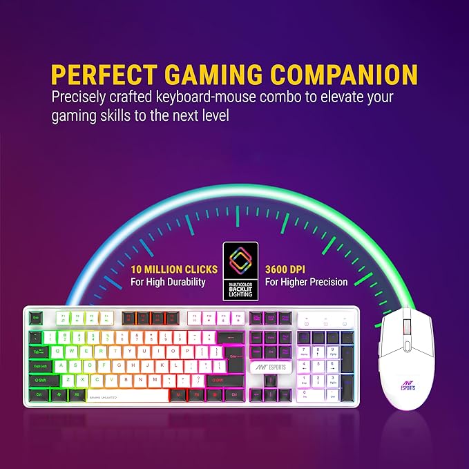 Ant Esports KM1610 RGB مجموعة لوحة مفاتيح وفأرة للألعاب، لوحة مفاتيح بحجم كامل بحركة مثالية وإضاءة خلفية RGB ديناميكية، مفاتيح وسائط متعددة، فأرة ألعاب دقيقة.