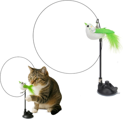 Funfy لعبة عصا القطط، لعبة تفاعلية من الريش للقطط مع طائر للعب والتمرين في الأماكن المغلقة | وضعان للعب: عصا إغراء للقطط مع طائر أخضر، وكأس شفط قابل لإعادة الاستخدام