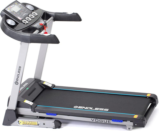 Endless Vogue جهاز جري للاستخدام المنزلي بمحرك تيار مستمر بقوة 4 حصان، أقصى قوة 4 حصان | أسود | أقصى وزن 120 كجم وأقصى سرعة 14 كم/ساعة | مساحة جري 420 مم | مع مكبرات صوت | قابل للطي تلقائيًا مع ميل تلقائي