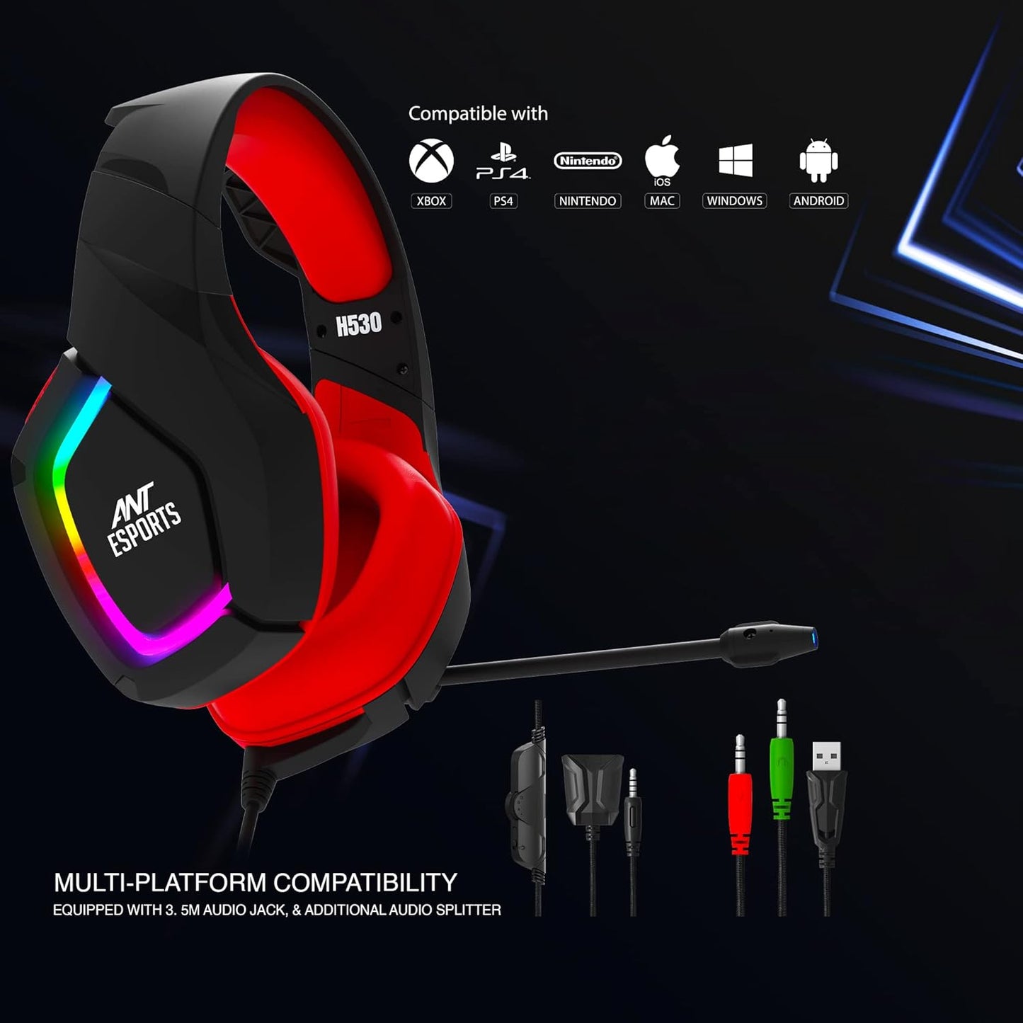 Ant Esports H530سماعة ألعاب سلكية متعددة المنصات بحجم برو مع إضاءة RGB للأجهزة الكمبيوتر / بلاي ستيشن 4 / إكس بوكس وان / نينتندو سويتش / أندرويد / آي أو إس – أسود - أحمر