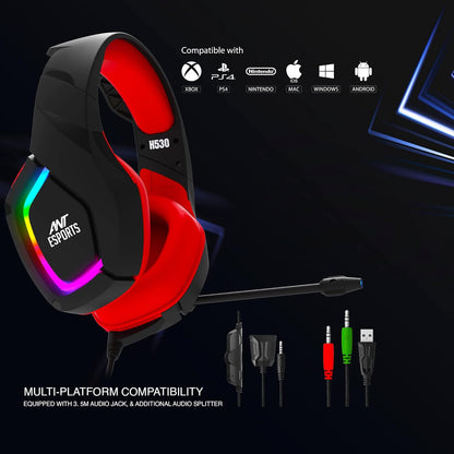 Ant Esports H530سماعة ألعاب سلكية متعددة المنصات بحجم برو مع إضاءة RGB للأجهزة الكمبيوتر / بلاي ستيشن 4 / إكس بوكس وان / نينتندو سويتش / أندرويد / آي أو إس – أسود - أحمر