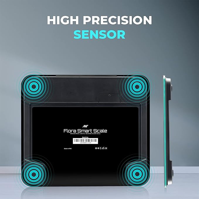 ANT flora smart ميزان وزن الجسم والدهون، ميزان حمام رقمي دقيق يصل إلى 0.1 كجم، ميزان وزن الجسم ومؤشر كتلة الجسم العضلي، مراقب تكوين الجسم الإلكتروني بتقنية البلوتوث، 180 كجم - أسود