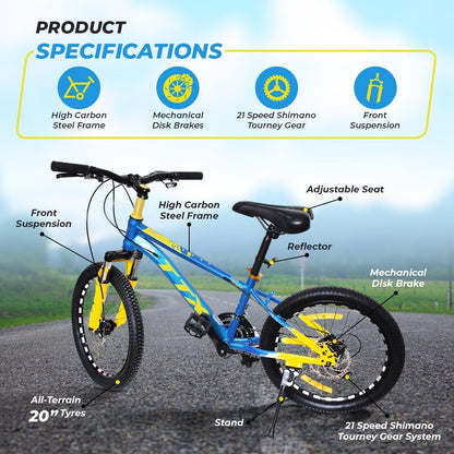 Endless 20 Inch Alloy Steel Kids cycle with 21 Speed Transmission | Blue and Yellow | Ages 6-9 | Kids cycle with Disc Brakes, Adjustable Seat and All Terrain Tires