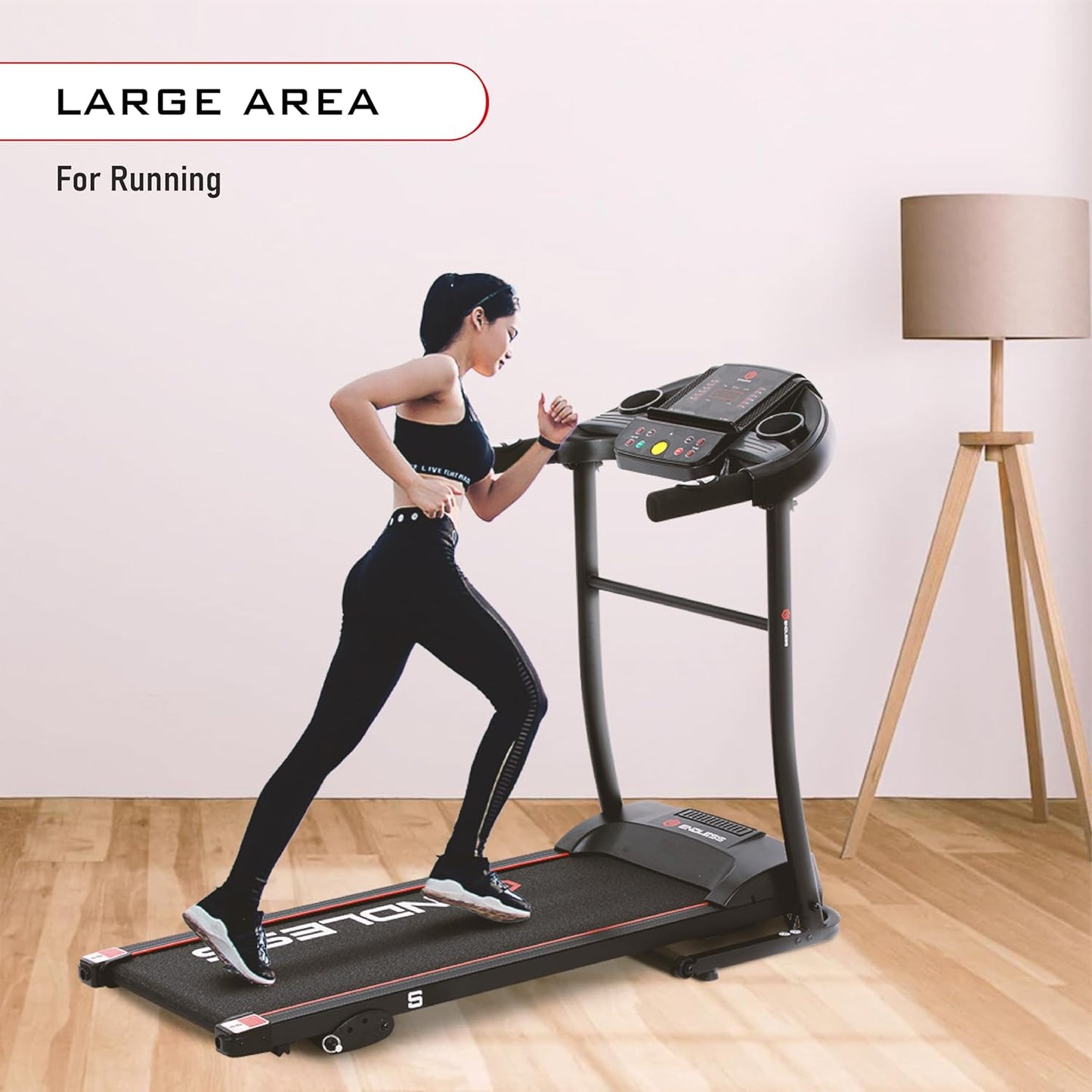 Endless S جهاز جري للاستخدام المنزلي مع جهاز تدليك بمحرك تيار مستمر بقوة 2 حصان | أقصى قوة | أقصى وزن 90 كجم وأقصى سرعة 10 كم/ساعة | مساحة جري 410 مم | مع مكبرات صوت | قابل للطي مع ميل يدوي