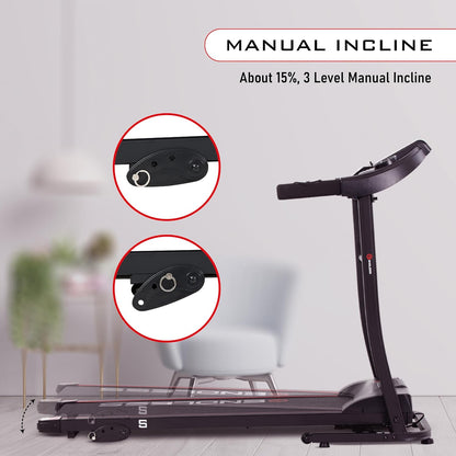 Endless S جهاز جري للاستخدام المنزلي مع جهاز تدليك بمحرك تيار مستمر بقوة 2 حصان | أقصى قوة | أقصى وزن 90 كجم وأقصى سرعة 10 كم/ساعة | مساحة جري 410 مم | مع مكبرات صوت | قابل للطي مع ميل يدوي