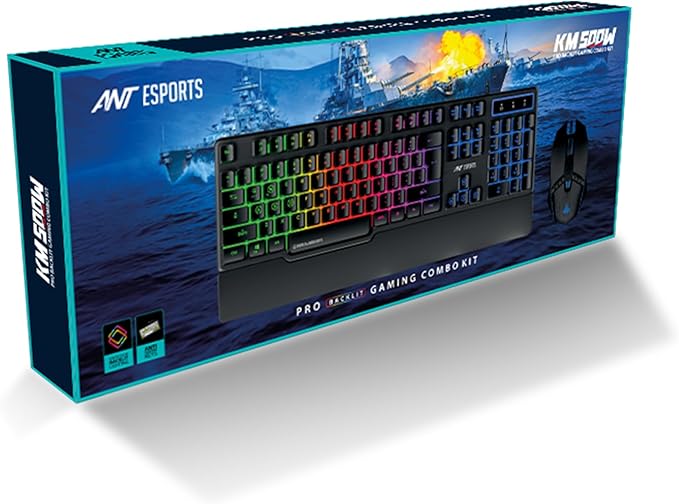 Ant Esports KM500W مجموعة لوحة مفاتيح وماوس ألعاب سلكية بإضاءة خلفية LED مع مسند معصم قابل للبرمجة مريح لأجهزة الكمبيوتر المحمولة وأجهزة Mac إصدار World of Warships باللون الأسود