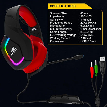 Ant Esports H530سماعة ألعاب سلكية متعددة المنصات بحجم برو مع إضاءة RGB للأجهزة الكمبيوتر / بلاي ستيشن 4 / إكس بوكس وان / نينتندو سويتش / أندرويد / آي أو إس – أسود - أحمر