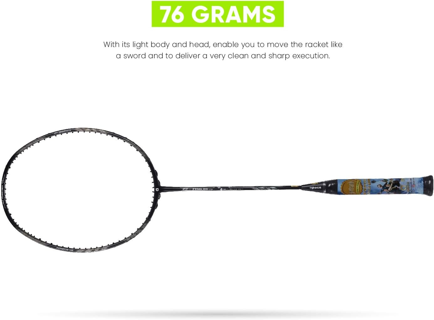 مضرب تنس الريشة APACS Z-Ziggler Lite (33 رطلاً، 76 جرامًا وعمود رفيع 6.2 ملم) غير مشدود (أسود)