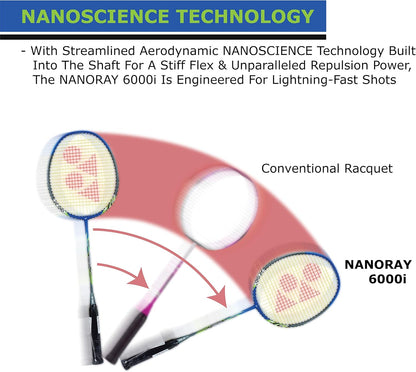 Yonex  NanoRay 6000I G4 مضرب تنس الريشة المصنوع من أوتار من الألومنيوم مع غطاء كامل للمضرب (أحمر) | لاعبون متوسطون | 92 جرام | أقصى شد للأوتار - 24 رطلاً