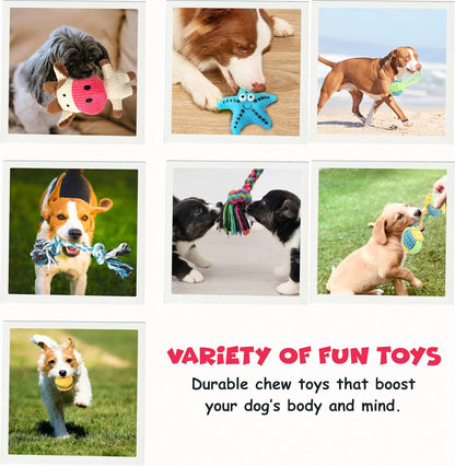 Funfy مجموعة من 7 ألعاب مضغ للجراء للكلاب التي تمر بمرحلة التسنين | ألعاب مضغ للكلاب مع ألعاب حبلية، وحبال كروية متعددة، ولعبة على شكل نجمة، ولعبة برجر، وألعاب صرير للكلاب الصغيرة والمتوسطة