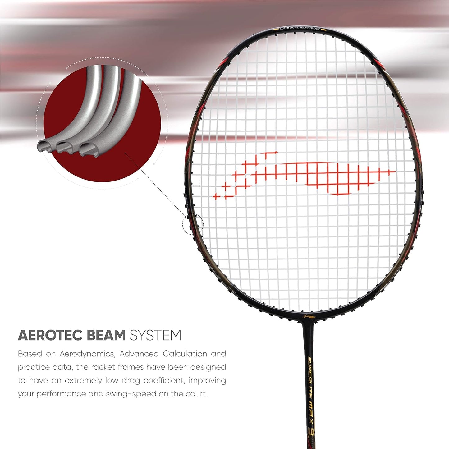 Li-Ning G-Force Superlight Max 9 مضرب تنس الريشة | اللون: أسود/أحمر | المقاس: S1 | المادة: ألياف الكربون | عمود مرن للغاية | توازن ثقيل هجومي