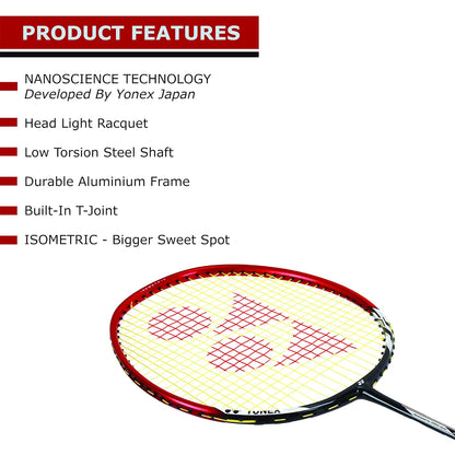 Yonex  NanoRay 6000I G4 مضرب تنس الريشة المصنوع من أوتار من الألومنيوم مع غطاء كامل للمضرب (أحمر) | لاعبون متوسطون | 92 جرام | أقصى شد للأوتار - 24 رطلاً
