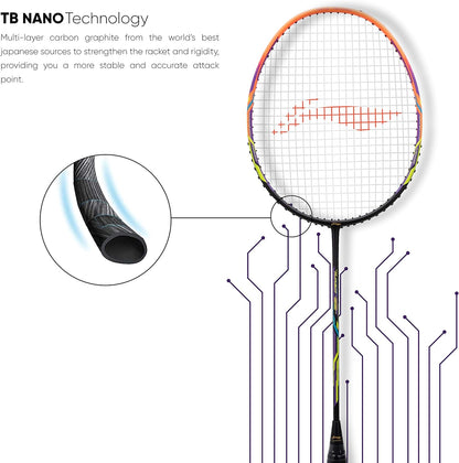 Li-Ning Turbo 99 Carbon Fiber Badminton Racket with Full Racket Cover (Black/Lime/Orange) | Intermediate Players | 84g | Max String Tension - 30lbs