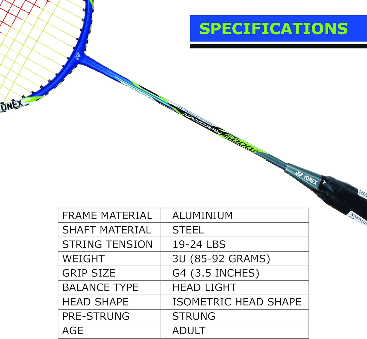Yonex  NanoRay 6000I G4 مضرب تنس الريشة المصنوع من أوتار من الألومنيوم مع غطاء كامل للمضرب (أحمر) | لاعبون متوسطون | 92 جرام | أقصى شد للأوتار - 24 رطلاً