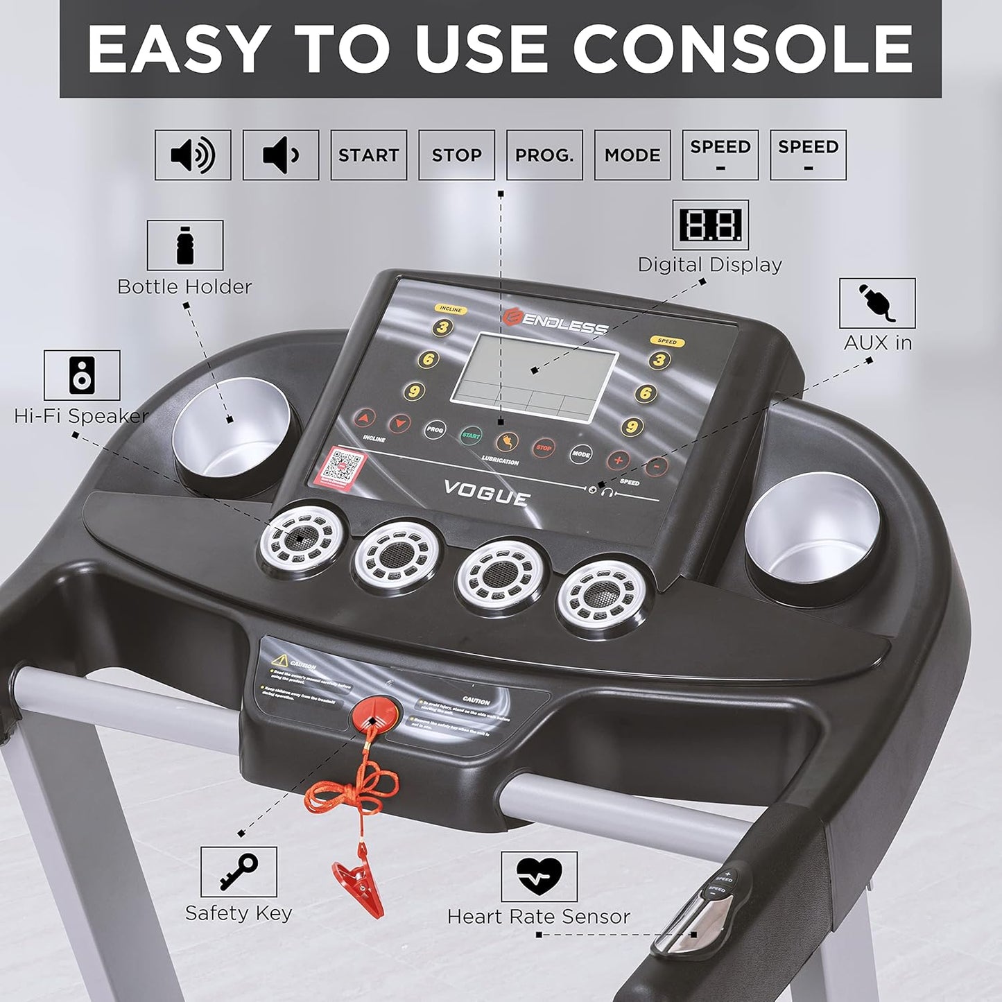 Endless Vogue جهاز جري للاستخدام المنزلي بمحرك تيار مستمر بقوة 4 حصان، أقصى قوة 4 حصان | أسود | أقصى وزن 120 كجم وأقصى سرعة 14 كم/ساعة | مساحة جري 420 مم | مع مكبرات صوت | قابل للطي تلقائيًا مع ميل تلقائي