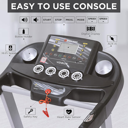 Endless Vogue جهاز جري للاستخدام المنزلي بمحرك تيار مستمر بقوة 4 حصان، أقصى قوة 4 حصان | أسود | أقصى وزن 120 كجم وأقصى سرعة 14 كم/ساعة | مساحة جري 420 مم | مع مكبرات صوت | قابل للطي تلقائيًا مع ميل تلقائي
