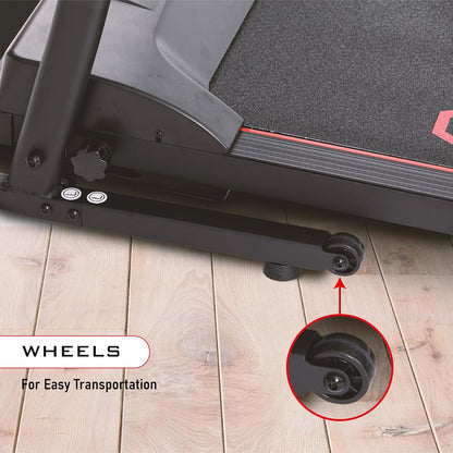 Endless S جهاز جري للاستخدام المنزلي مع جهاز تدليك بمحرك تيار مستمر بقوة 2 حصان | أقصى قوة | أقصى وزن 90 كجم وأقصى سرعة 10 كم/ساعة | مساحة جري 410 مم | مع مكبرات صوت | قابل للطي مع ميل يدوي