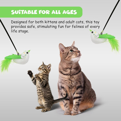 Funfy لعبة عصا القطط، لعبة تفاعلية من الريش للقطط مع طائر للعب والتمرين في الأماكن المغلقة | وضعان للعب: عصا إغراء للقطط مع طائر أخضر، وكأس شفط قابل لإعادة الاستخدام
