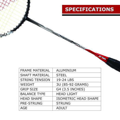 Yonex  NanoRay 6000I G4 مضرب تنس الريشة المصنوع من أوتار من الألومنيوم مع غطاء كامل للمضرب (أحمر) | لاعبون متوسطون | 92 جرام | أقصى شد للأوتار - 24 رطلاً